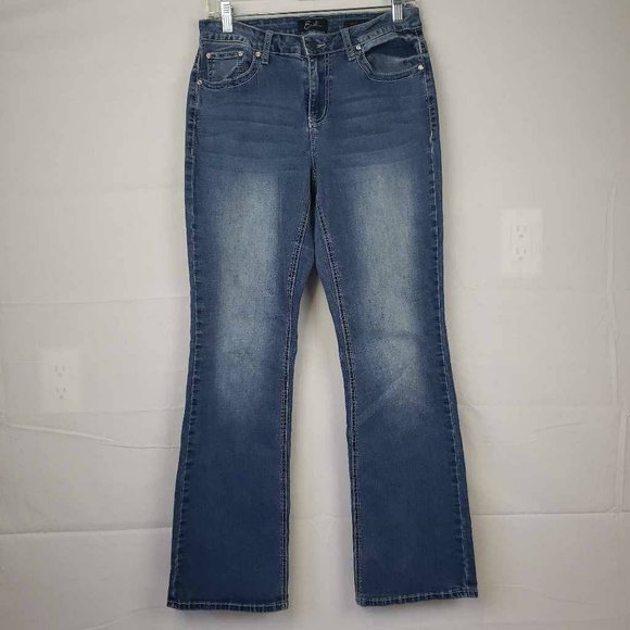 Earl Womens Boot Cut Jeans Blue Whiskered Embroidered Medium Wash Denim 10 - Picture 7 of 12